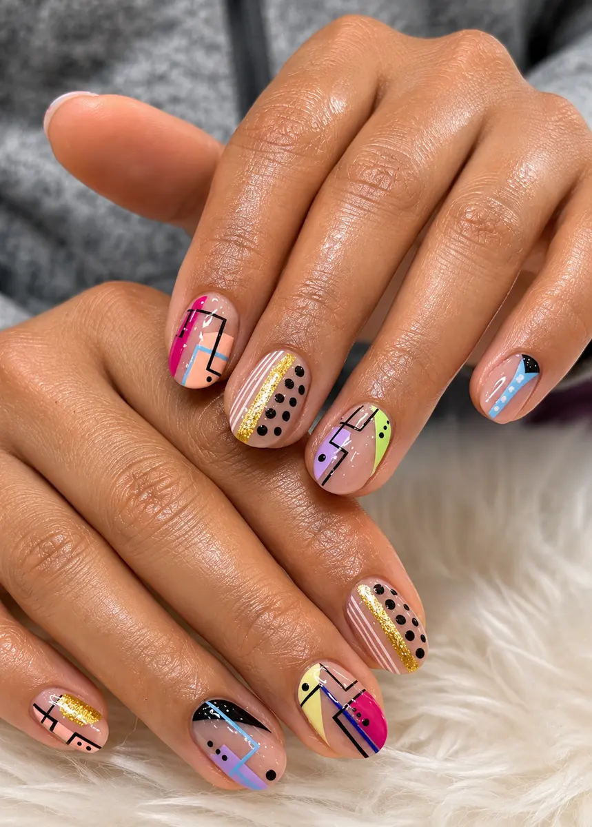 Colorful geometric nail art with a gold glitter stripe