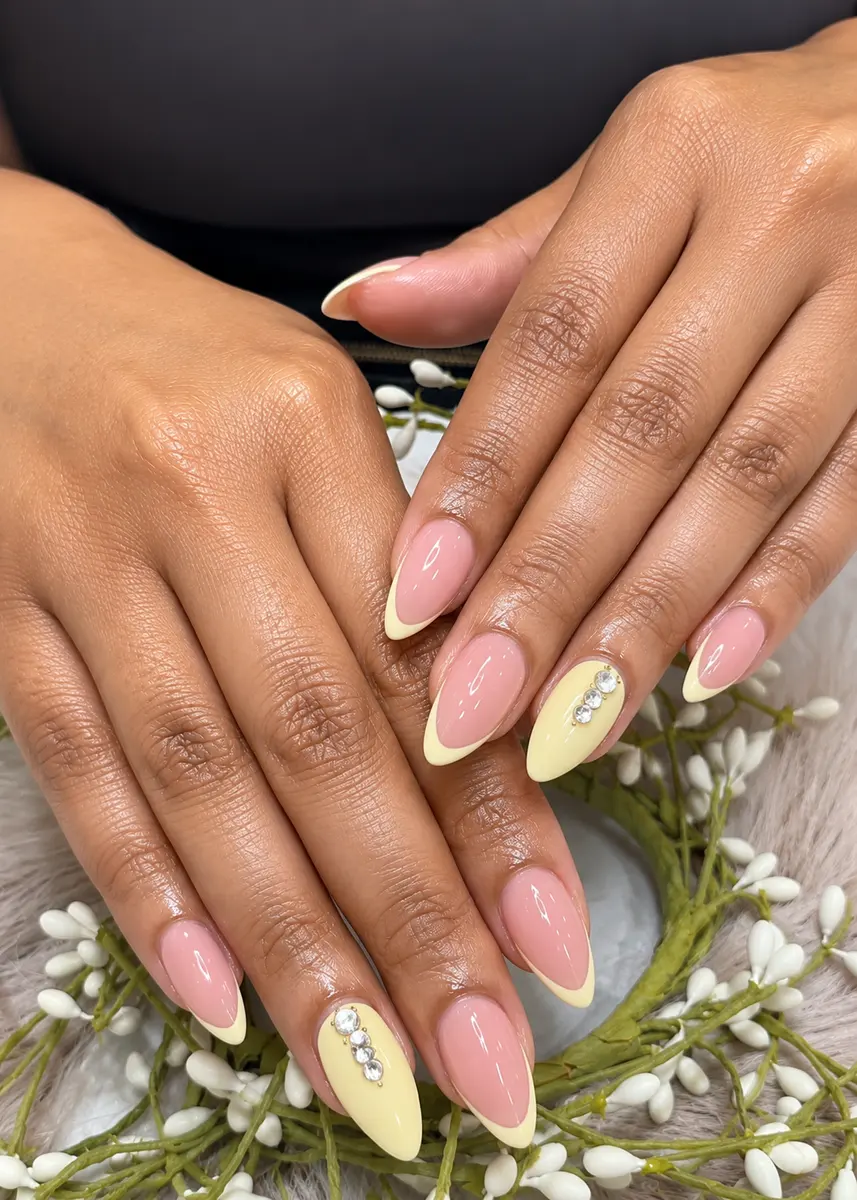 Almond nails with pastel yellow French tips and rhinestone accents